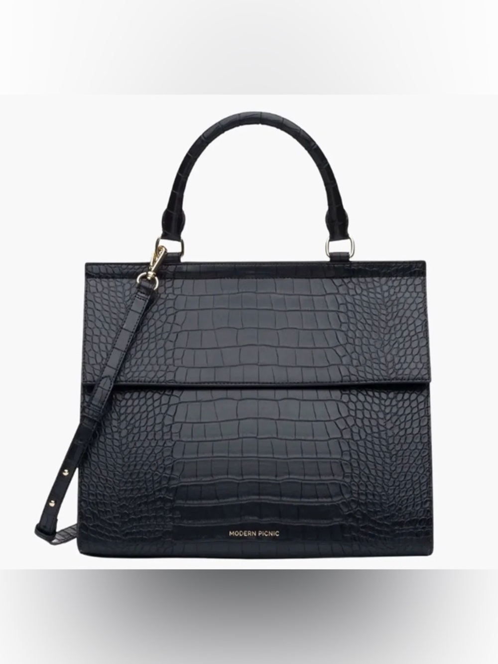 Modern Picnic Black Croc-Embossed Top Handle Satchel